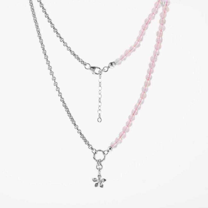 Pembe Kuvars Doğal Taş Gümüş Çiçekli Kolye - 50cm - 3