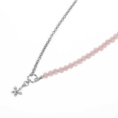 Pembe Kuvars Doğal Taş Gümüş Çiçekli Kolye - 50cm - 5