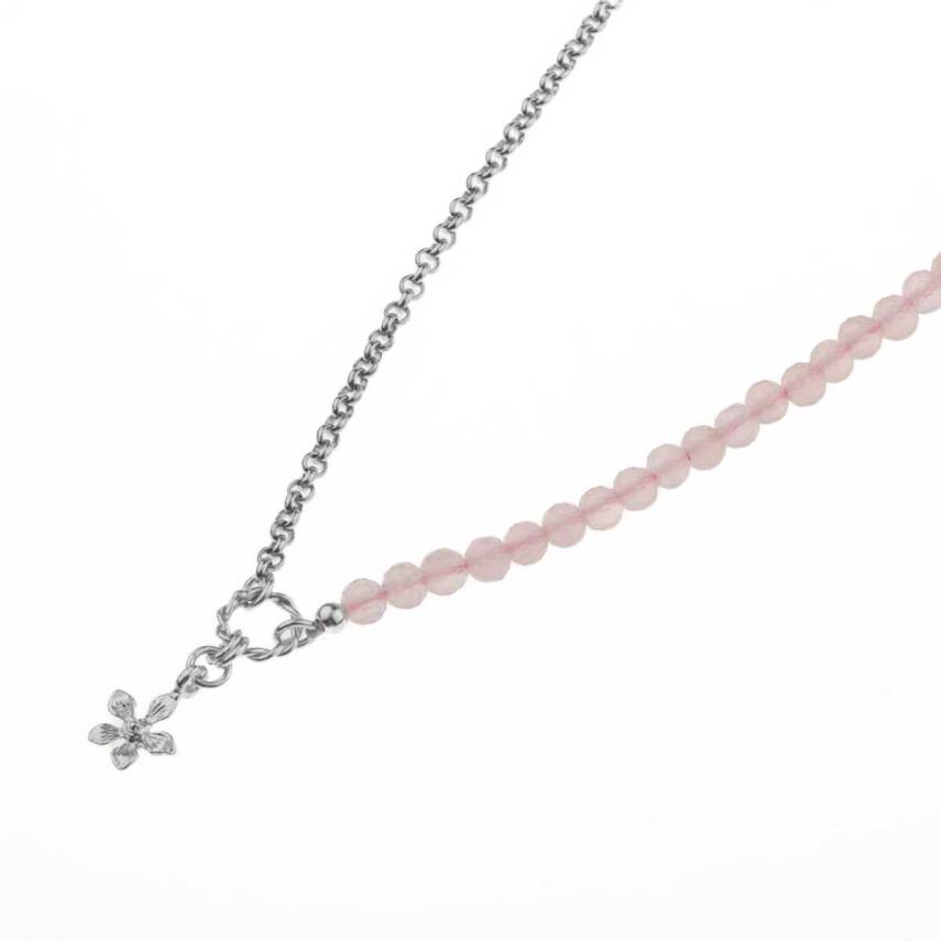 Pembe Kuvars Doğal Taş Gümüş Çiçekli Kolye - 50cm - 5