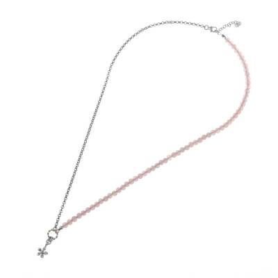 Pembe Kuvars Doğal Taş Gümüş Çiçekli Kolye - 50cm - 6
