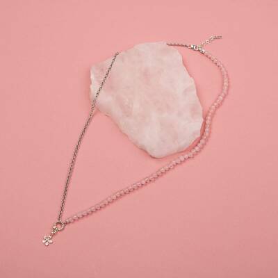 Pembe Kuvars Doğal Taş Gümüş Çiçekli Kolye - 50cm - Osmanlı Doğaltaş