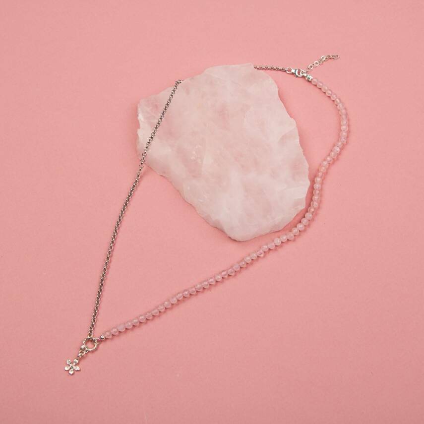 Pembe Kuvars Doğal Taş Gümüş Çiçekli Kolye - 50cm - 1