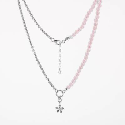 Pembe Kuvars Doğal Taş Gümüş Çiçekli Kolye - 50cm - 2