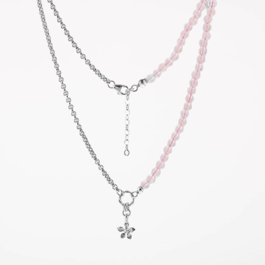 Pembe Kuvars Doğal Taş Gümüş Çiçekli Kolye - 50cm - 2