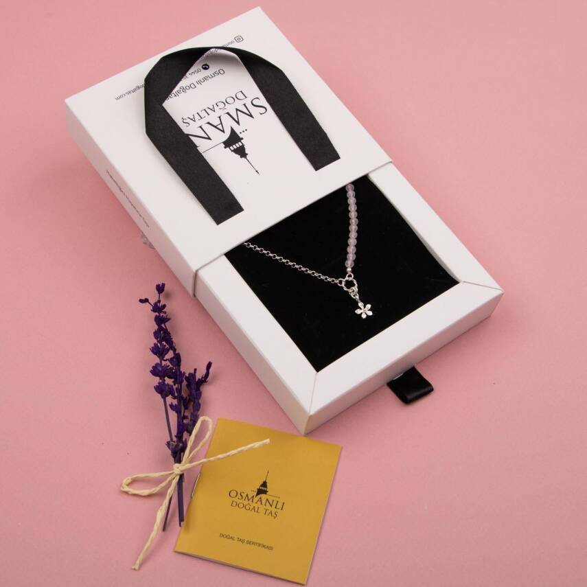 Pembe Kuvars Doğal Taş Gümüş Çiçekli Kolye - 50cm - 3