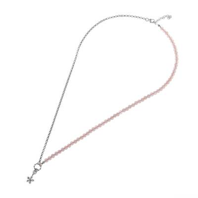 Pembe Kuvars Doğal Taş Gümüş Çiçekli Kolye - 50cm - 5