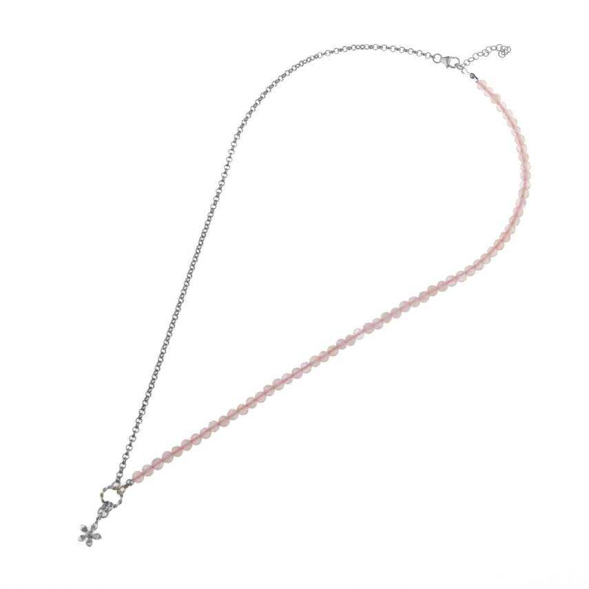 Pembe Kuvars Doğal Taş Gümüş Çiçekli Kolye - 50cm - 5