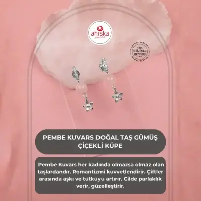 Pembe Kuvars Doğal Taş Gümüş Çiçekli Küpe - Doğal Taş (1)