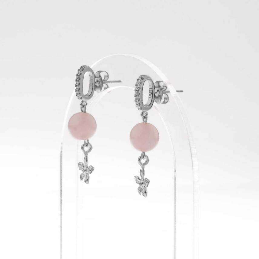 Pembe Kuvars Doğal Taş Gümüş Çiçekli Küpe - 3