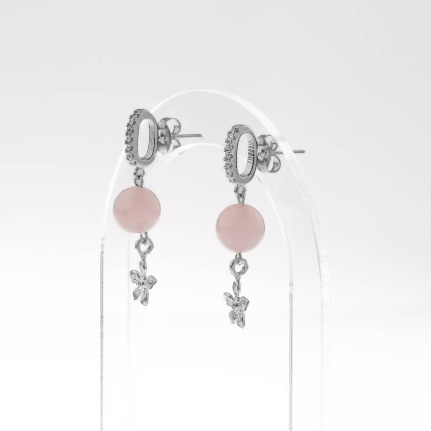 Pembe Kuvars Doğal Taş Gümüş Çiçekli Küpe - 1