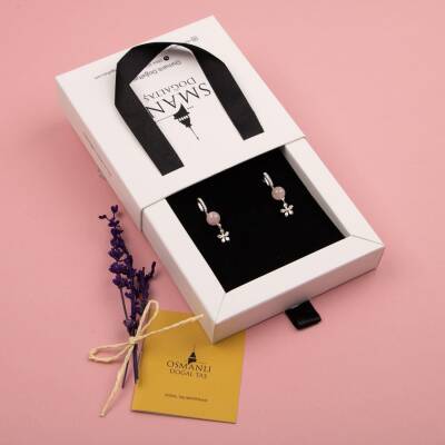 Pembe Kuvars Doğal Taş Gümüş Çiçekli Küpe - 2