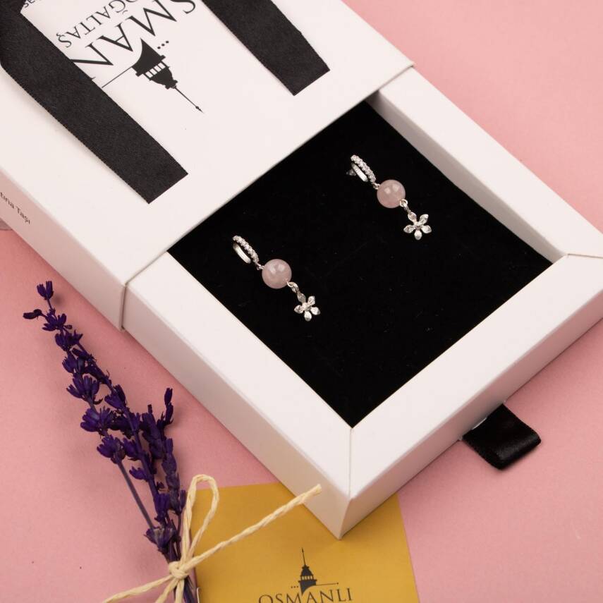 Pembe Kuvars Doğal Taş Gümüş Çiçekli Küpe - 3