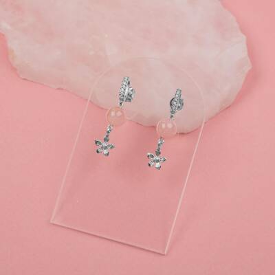 Pembe Kuvars Doğal Taş Gümüş Çiçekli Küpe - 4