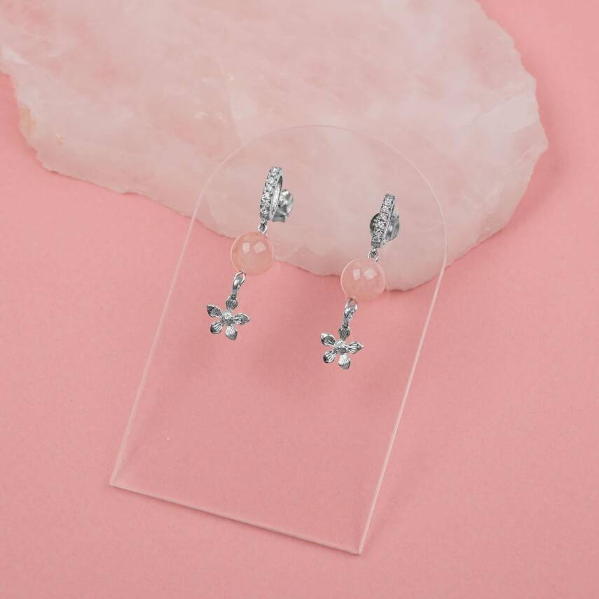 Pembe Kuvars Doğal Taş Gümüş Çiçekli Küpe - 4