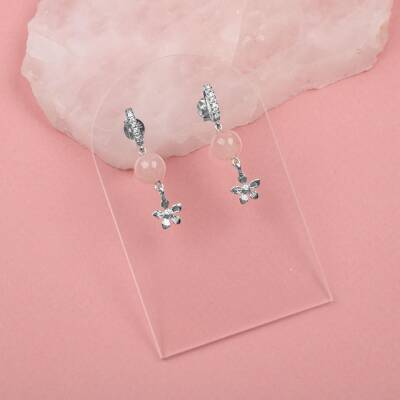 Pembe Kuvars Doğal Taş Gümüş Çiçekli Küpe - 5