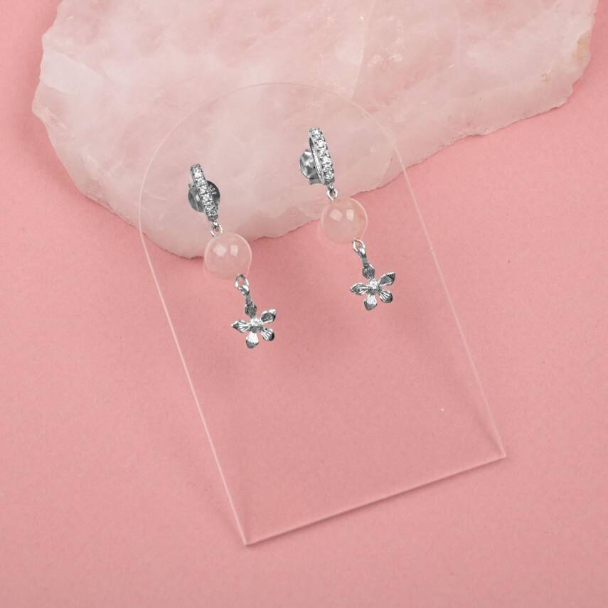 Pembe Kuvars Doğal Taş Gümüş Çiçekli Küpe - 5