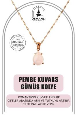 Pembe Kuvars Doğal Taş Gümüş Kolye, Gümüş Sarı Zincir - Osmanlı Doğaltaş