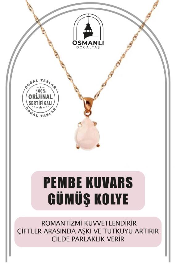 Pembe Kuvars Doğal Taş Gümüş Kolye, Gümüş Sarı Zincir - 1