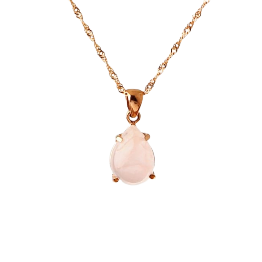 Pembe Kuvars Doğal Taş Gümüş Kolye, Gümüş Sarı Zincir - 3