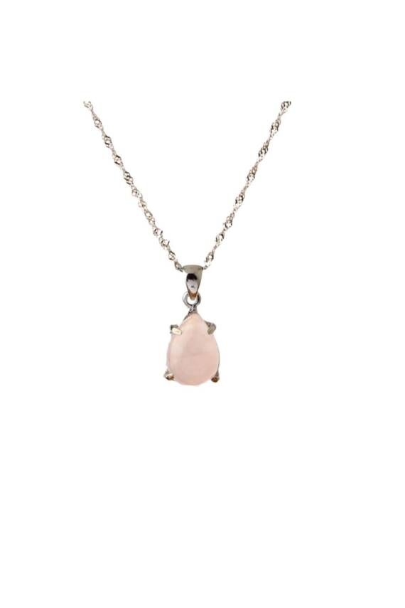 Pembe Kuvars Doğal Taş Gümüş Kolye, Gümüş Zincir - 1