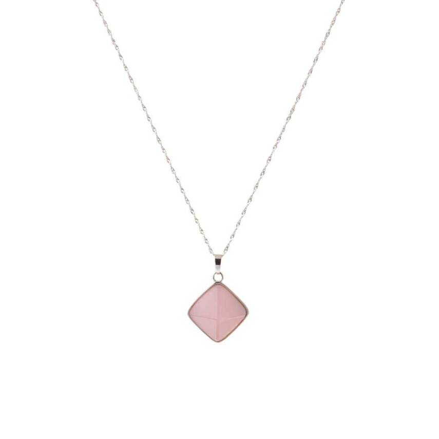 Pembe Kuvars Doğal Taş Gümüş Kolye, Gümüş Zincir - 2