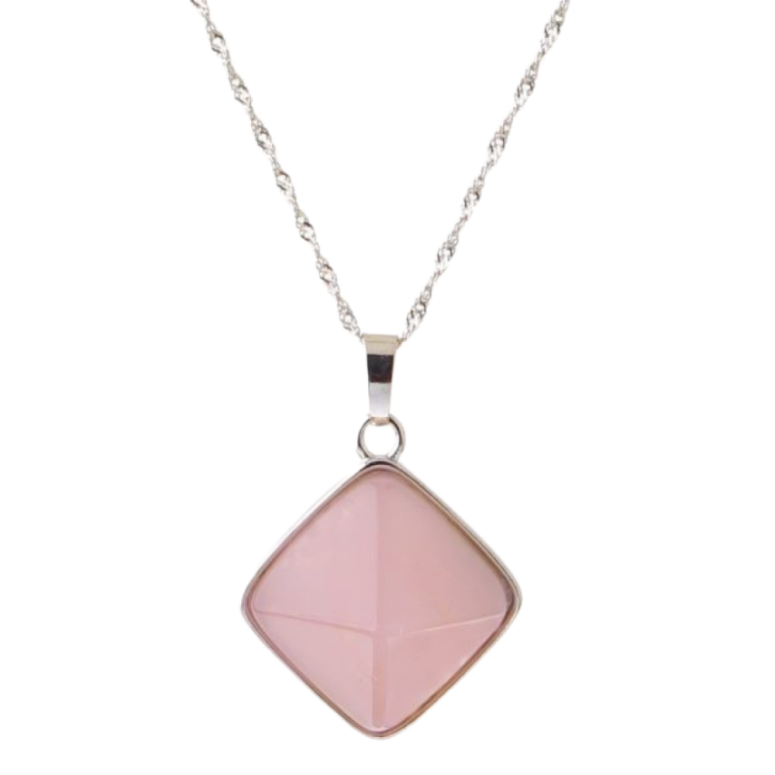 Pembe Kuvars Doğal Taş Gümüş Kolye, Gümüş Zincir - 1