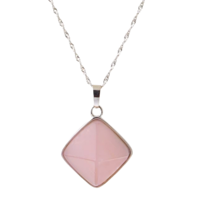 Pembe Kuvars Doğal Taş Gümüş Kolye, Gümüş Zincir - 3