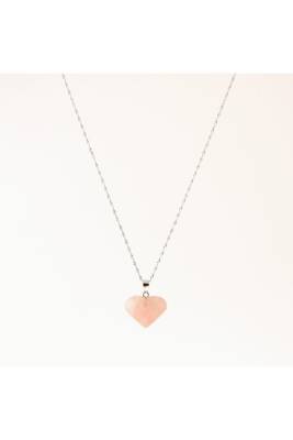 Pembe Kuvars Doğal Taş Kalp Kolye, Gümüş Zincir - Osmanlı Doğaltaş