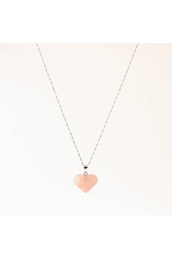 Pembe Kuvars Doğal Taş Kalp Kolye, Gümüş Zincir - 1
