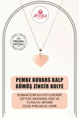 Pembe Kuvars Doğal Taş Kalp Kolye, Gümüş Zincir - Doğal Taş (1)