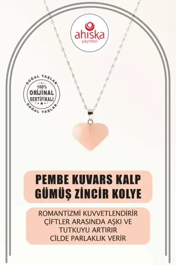 Pembe Kuvars Doğal Taş Kalp Kolye, Gümüş Zincir - 2