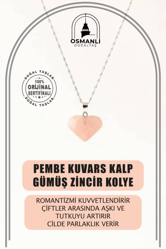 Pembe Kuvars Doğal Taş Kalp Kolye, Gümüş Zincir - 1