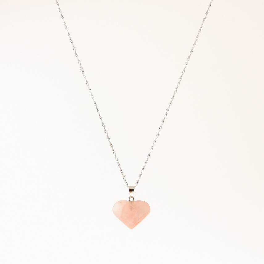 Pembe Kuvars Doğal Taş Kalp Kolye, Gümüş Zincir - 2