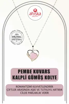 Pembe Kuvars Doğal Taş Kalpli Kolye, Gümüş Zincir - Doğal Taş (1)