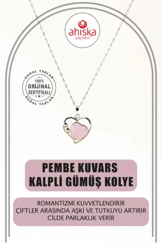 Pembe Kuvars Doğal Taş Kalpli Kolye, Gümüş Zincir - 2