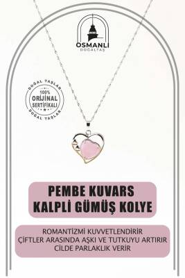 Pembe Kuvars Doğal Taş Kalpli Kolye, Gümüş Zincir - Osmanlı Doğaltaş