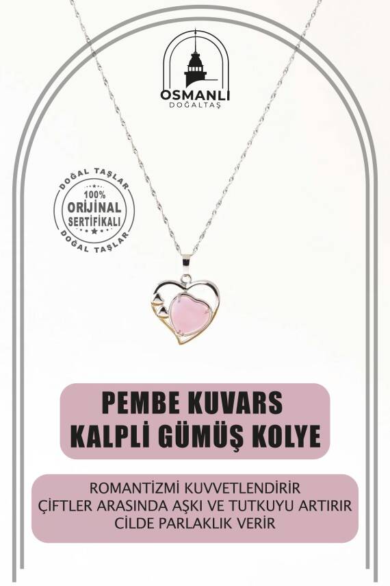 Pembe Kuvars Doğal Taş Kalpli Kolye, Gümüş Zincir - 1