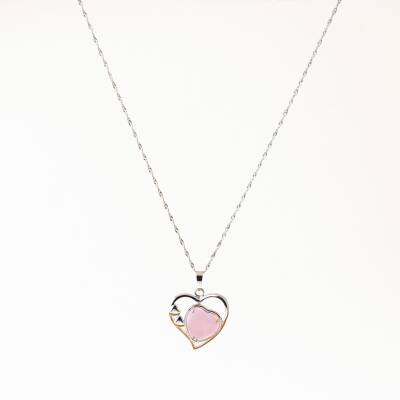 Pembe Kuvars Doğal Taş Kalpli Kolye, Gümüş Zincir - 2