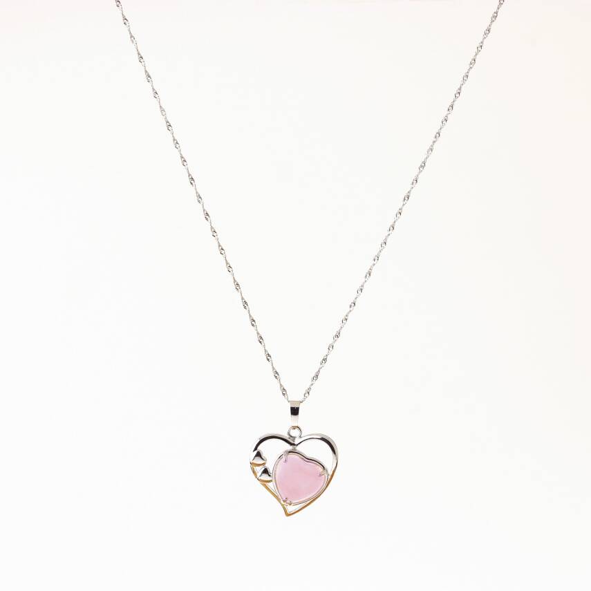 Pembe Kuvars Doğal Taş Kalpli Kolye, Gümüş Zincir - 2