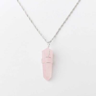Pembe Kuvars Doğal Taş Kolye Ucu 3x1 cm, Gümüş Zincir - Doğal Taş