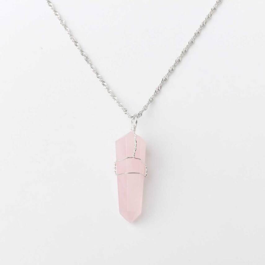 Pembe Kuvars Doğal Taş Kolye Ucu 3x1 cm, Gümüş Zincir - 1