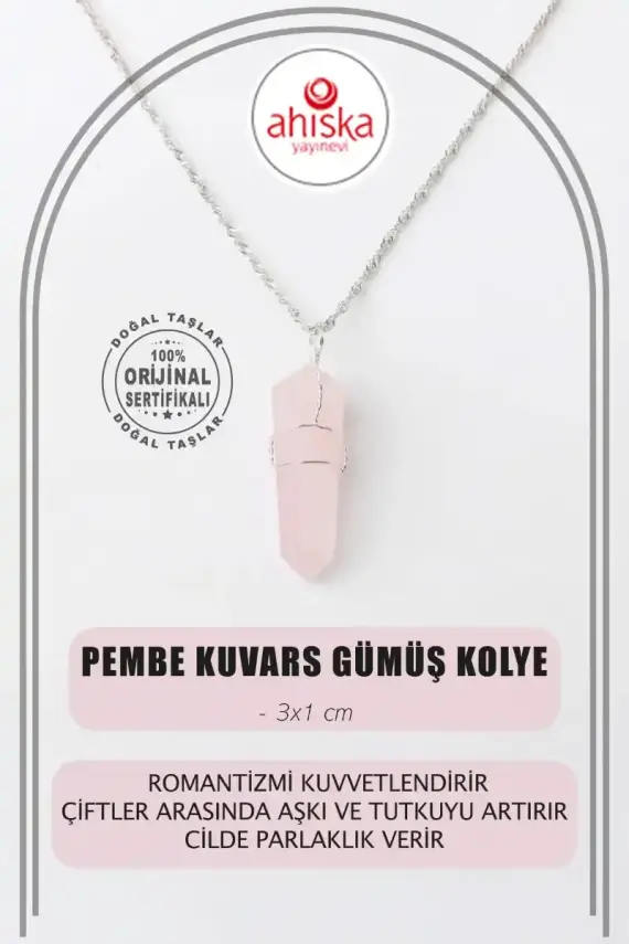 Pembe Kuvars Doğal Taş Kolye Ucu 3x1 cm, Gümüş Zincir - 2