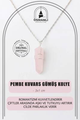 Pembe Kuvars Doğal Taş Kolye Ucu 3x1 cm, Gümüş Zincir - Osmanlı Doğaltaş
