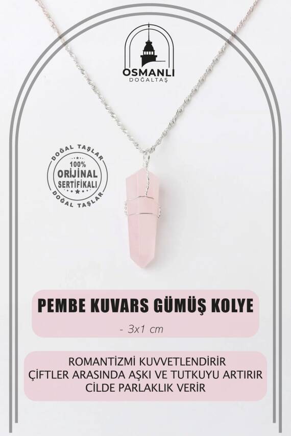 Pembe Kuvars Doğal Taş Kolye Ucu 3x1 cm, Gümüş Zincir - 1