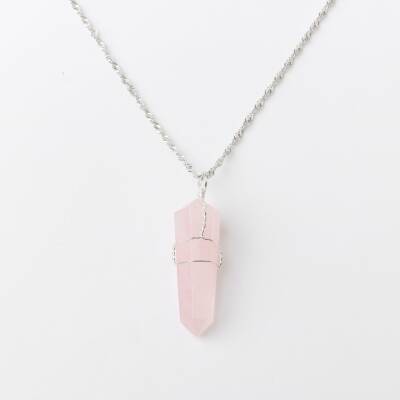 Pembe Kuvars Doğal Taş Kolye Ucu 3x1 cm, Gümüş Zincir - 3