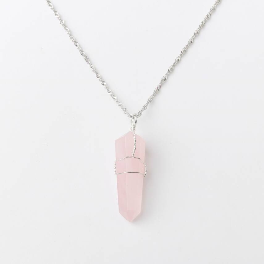 Pembe Kuvars Doğal Taş Kolye Ucu 3x1 cm, Gümüş Zincir - 3
