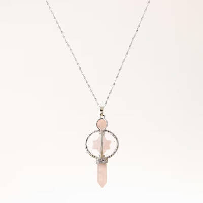 Pembe Kuvars Doğal Taş Markapon Yıldızlı Kolye, Gümüş Zincir - Osmanlı Doğaltaş