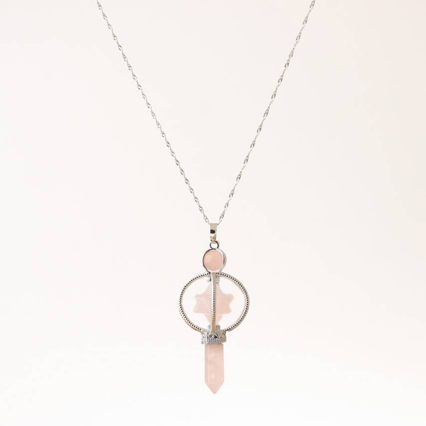 Pembe Kuvars Doğal Taş Markapon Yıldızlı Kolye, Gümüş Zincir - 1