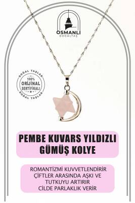 Pembe Kuvars Doğal Taş Yıldızlı Kolye, Gümüş Zincir - Osmanlı Doğaltaş