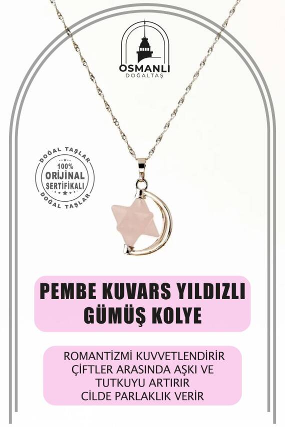 Pembe Kuvars Doğal Taş Yıldızlı Kolye, Gümüş Zincir - 1
